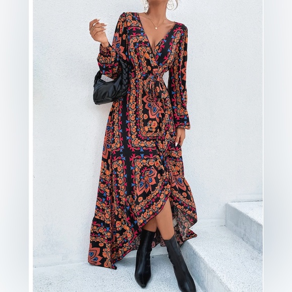 Floral Lantern Sleeve Ruffle Trim Wrap Dress - Picture 4 of 10